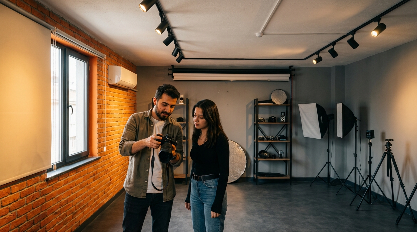 Fotoğrafçılık özel ders veren genç eğitmen ve kamerasıyla uygulama yapan kursiyer.
