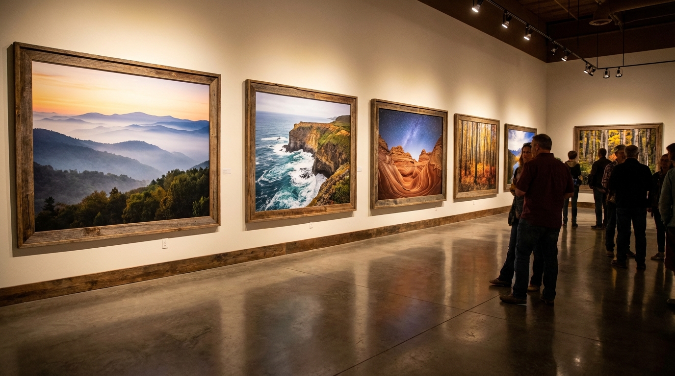 manzara fotoğraflarının sergilendiği bir sergi