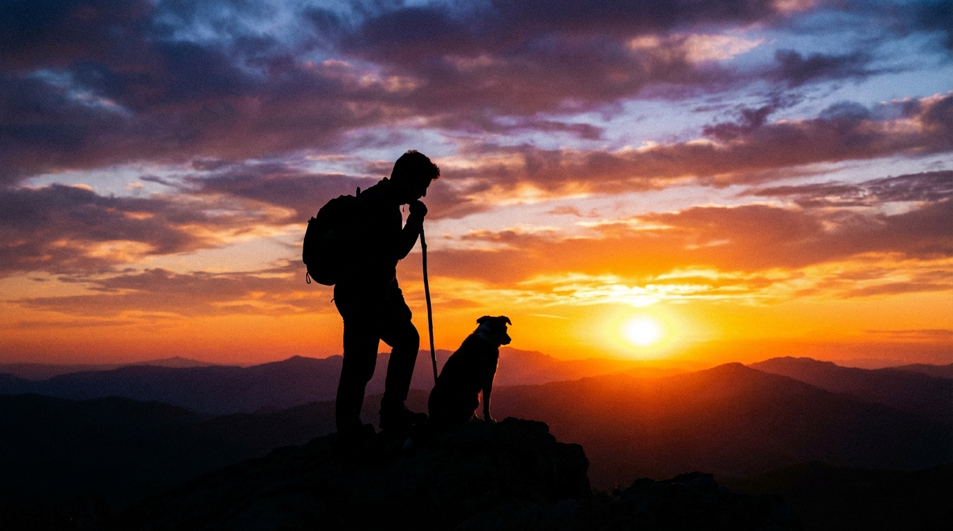 Silüet Fotoğrafları üzerine çalışma yapan öğrencilerin manzarada bir köpek ve sahibi ile silüet fotoğrafı çekmektedir.