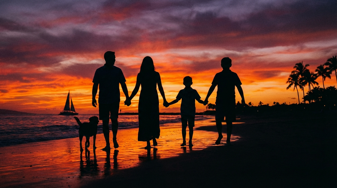 Silüet fotoğrafçılık tekniği ile bir aile fotoğrafı çekilmişt.r